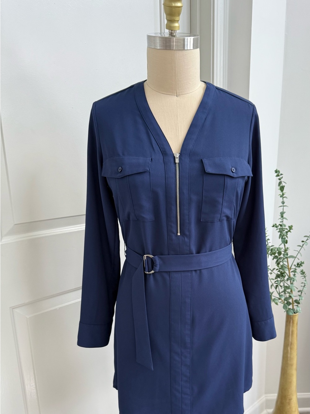 Express Navy Long-Sleeve Zip Shirt Dress with Belt